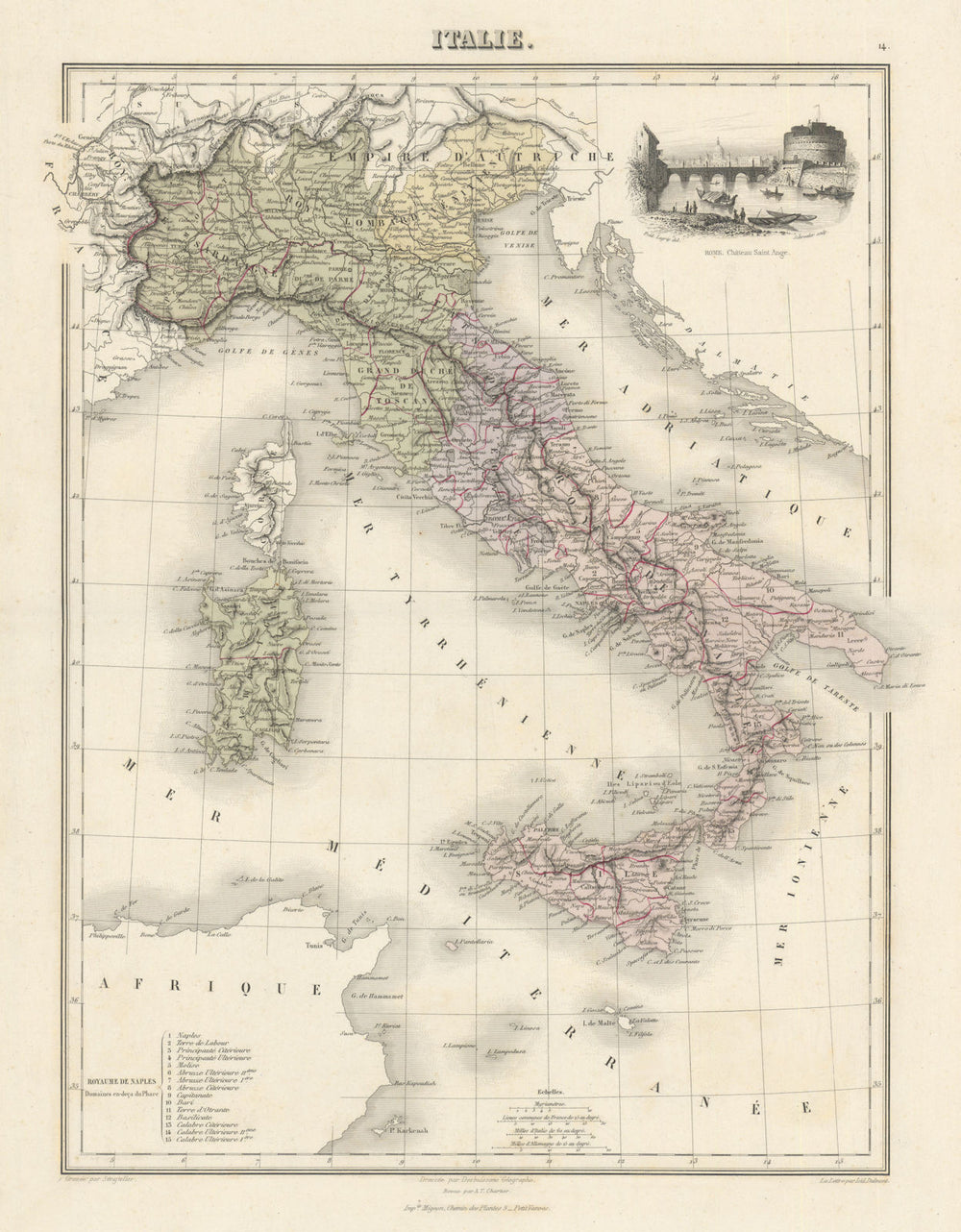 Italie by Migeon. Italy 1861 old antique vintage map plan chart