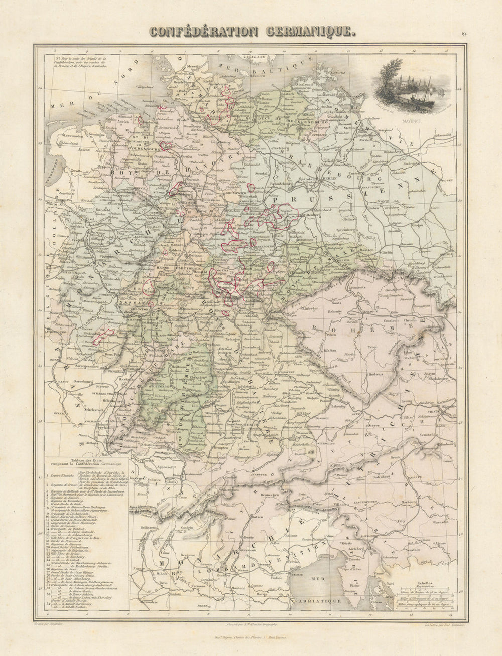 Confédération Germanique by Migeon. German Confederation 1861 old antique map