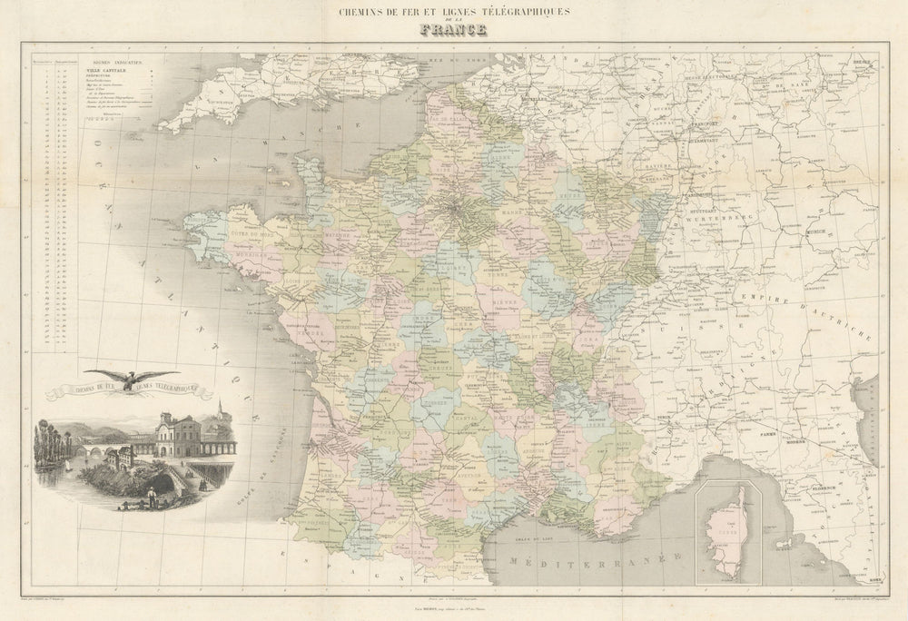 Chemins de Fer et Lignes Télégraphiques de la France by Migeon 1861 old map