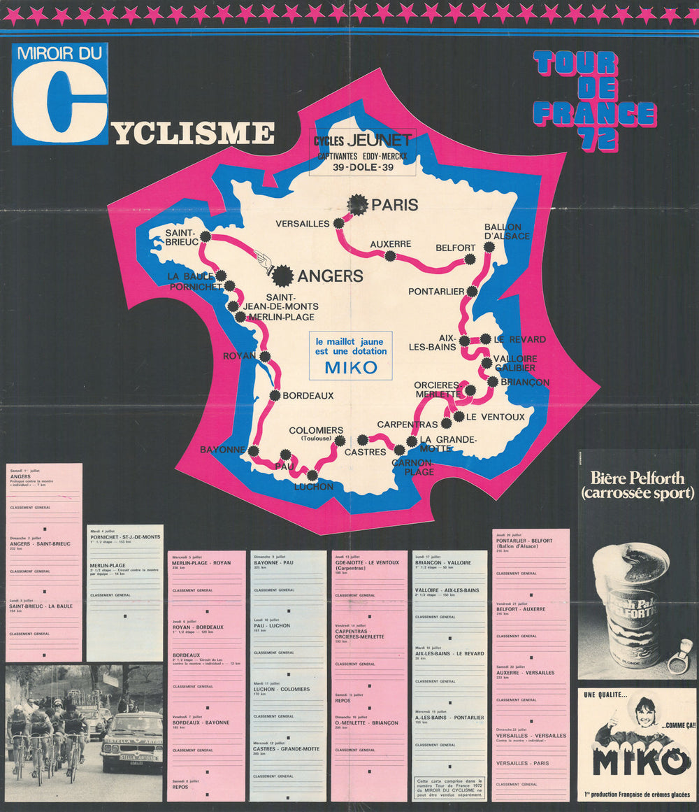 Tour de France - Miroir du Cyclisme. Cycling route poster map 59x67cm 1972