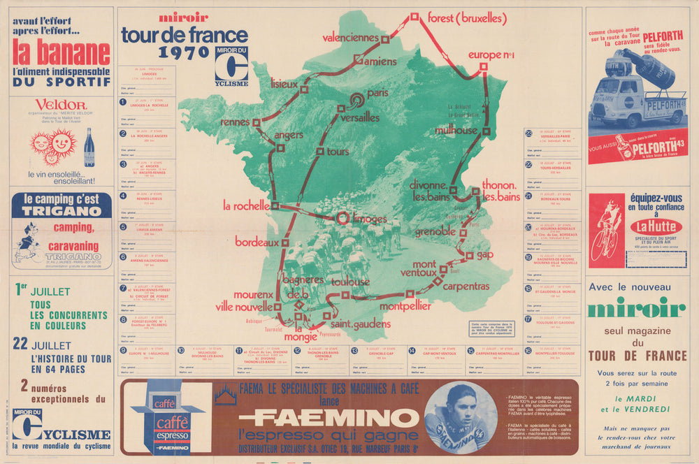 Tour de France - Miroir du Cyclisme. Cycling route poster map 89x59cm 1970