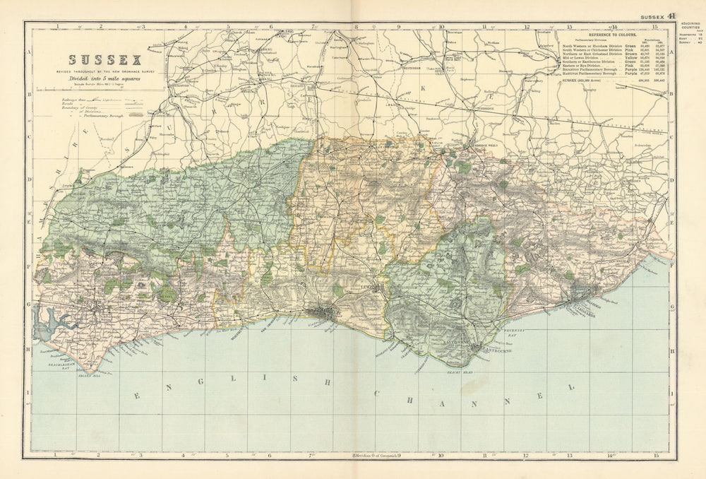 SUSSEX antique county map by GW BACON 1898 old vintage plan chart