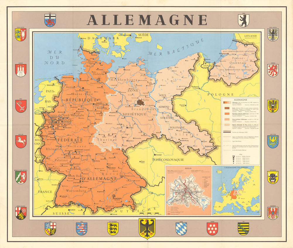 Allemagne. Post WW2 administration zones of pre-war Germany 1949 old map