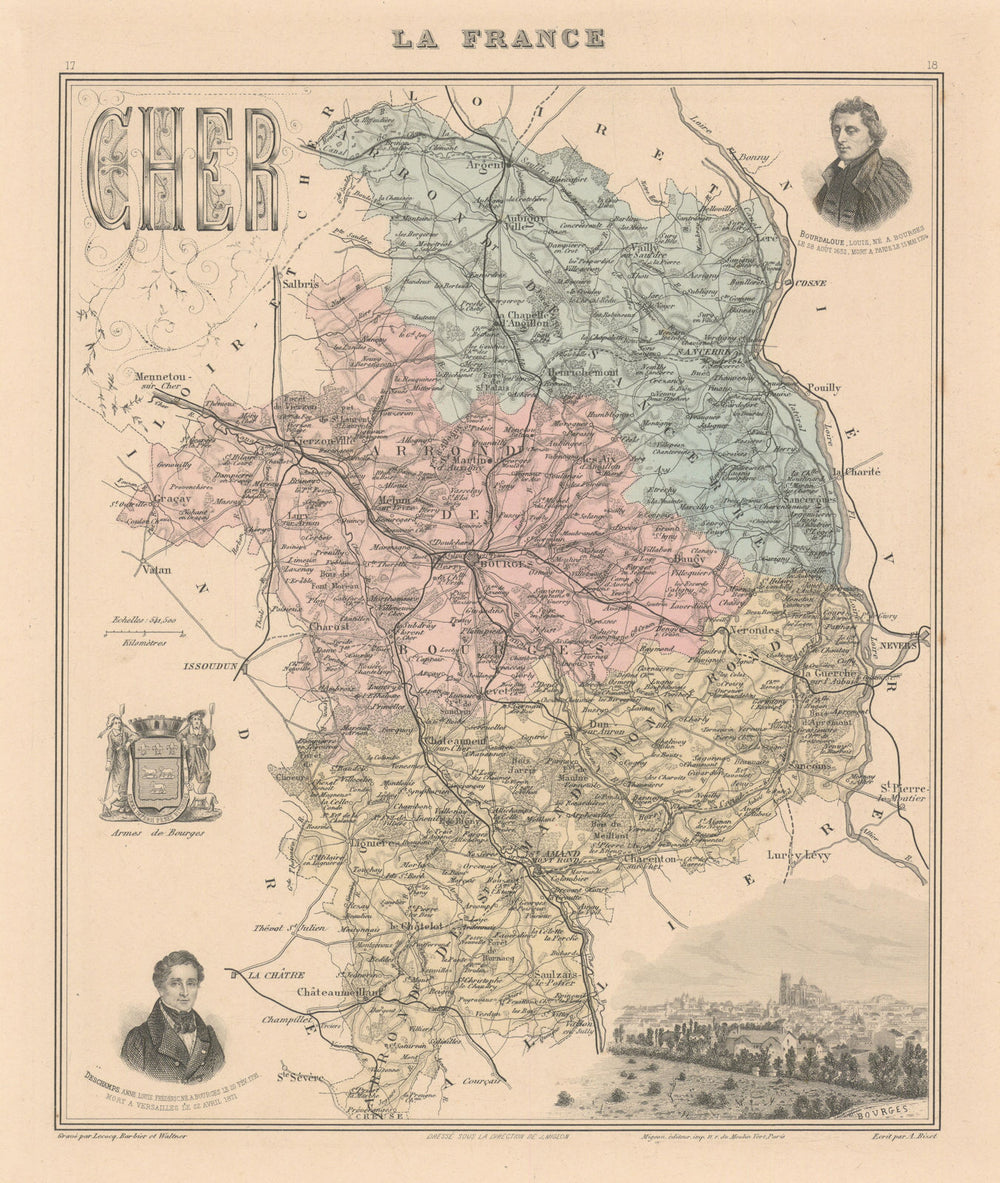 Cher département. Bourges vignette. Vuillemin 1890 old antique map plan chart