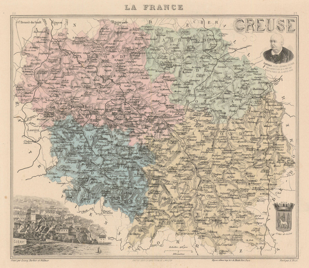 Creuse département. Guéret vignette. Vuillemin 1890 old antique map plan chart