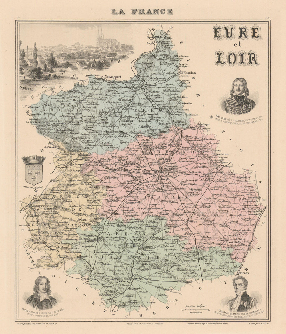 Eure-et-Loir département. Chartres vignette. Vuillemin 1890 old antique map