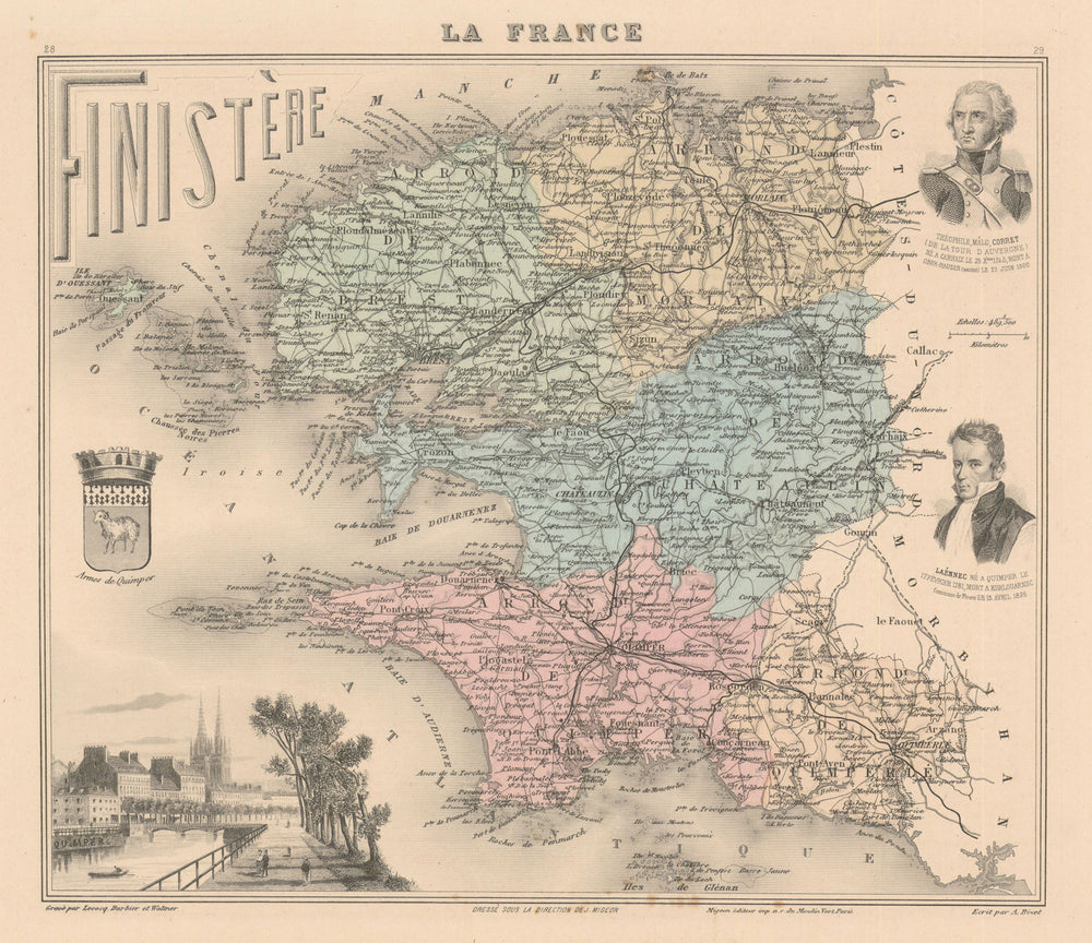 Finistère département. Quimper vignette. Vuillemin 1890 old antique map chart