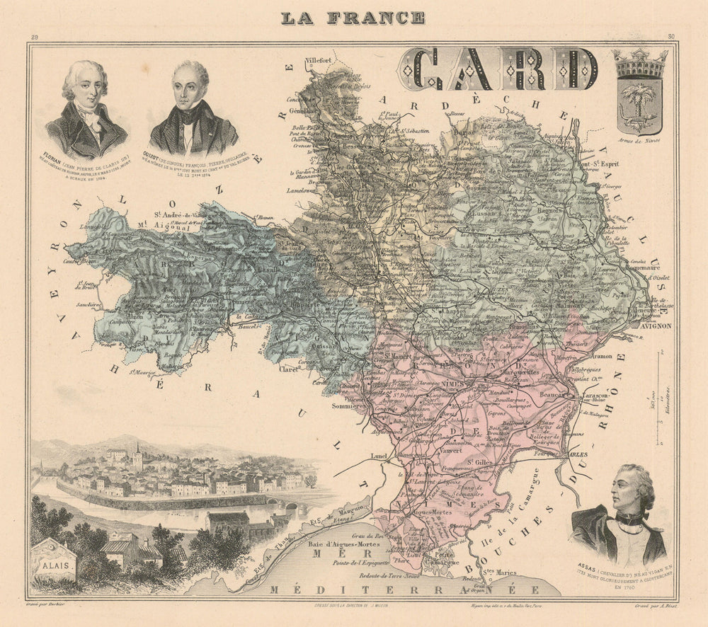 Gard département. Alais vignette. Vuillemin 1890 old antique map plan chart