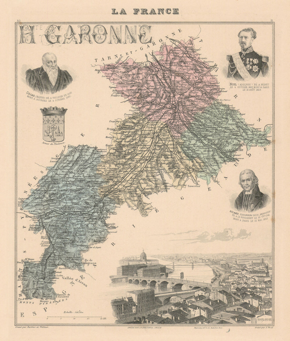 Haute-Garonne département. Toulouse vignette. Vuillemin 1890 old antique map