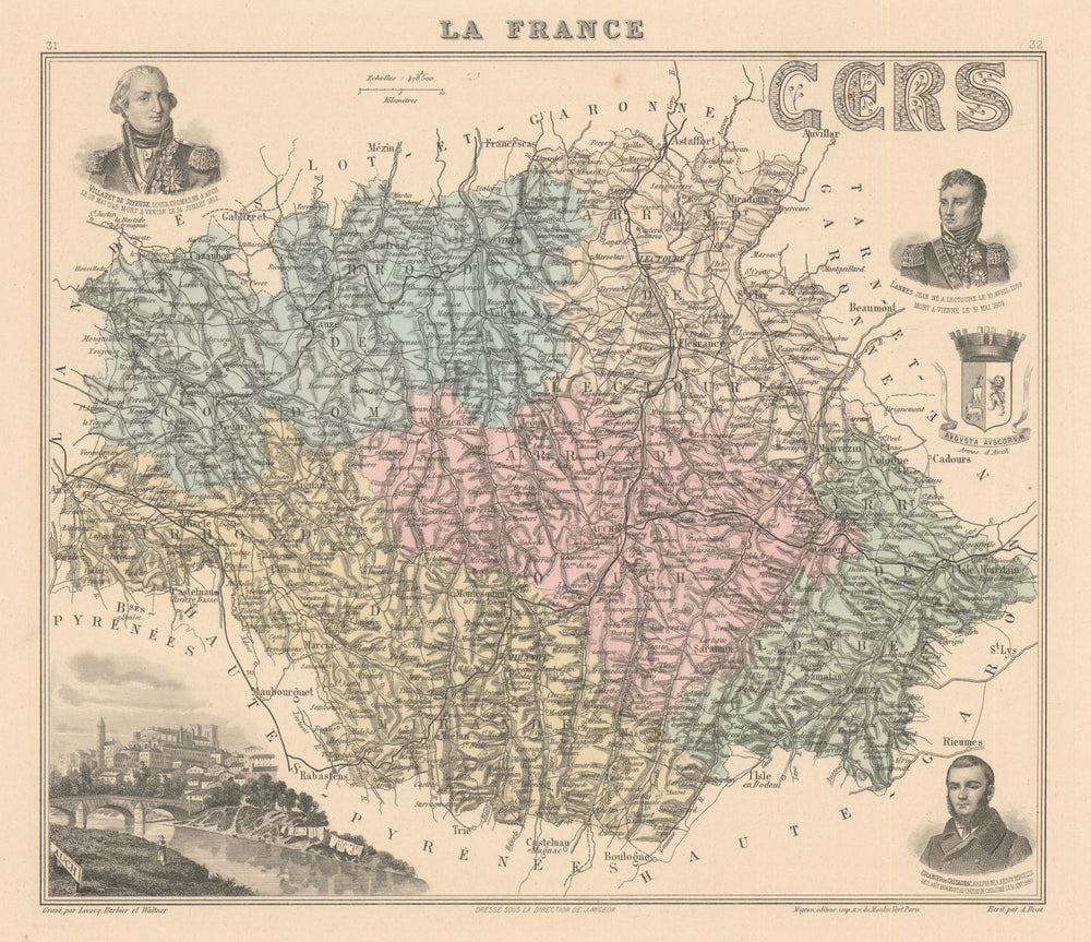 Gers département. Auch vignette. Vuillemin 1890 old antique map plan chart