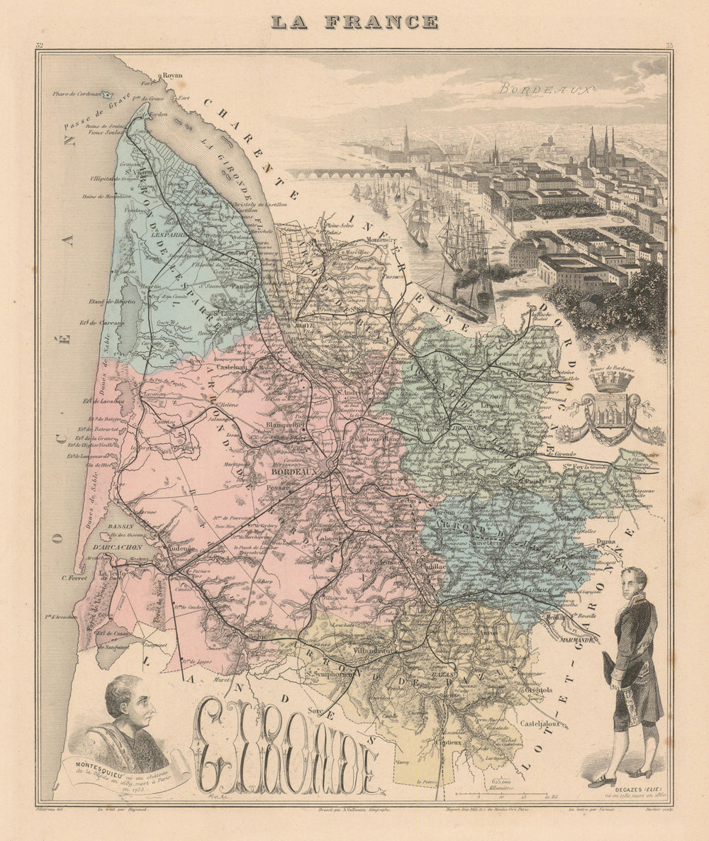 Gironde département. Bordeaux vignette. Vuillemin 1890 old antique map chart