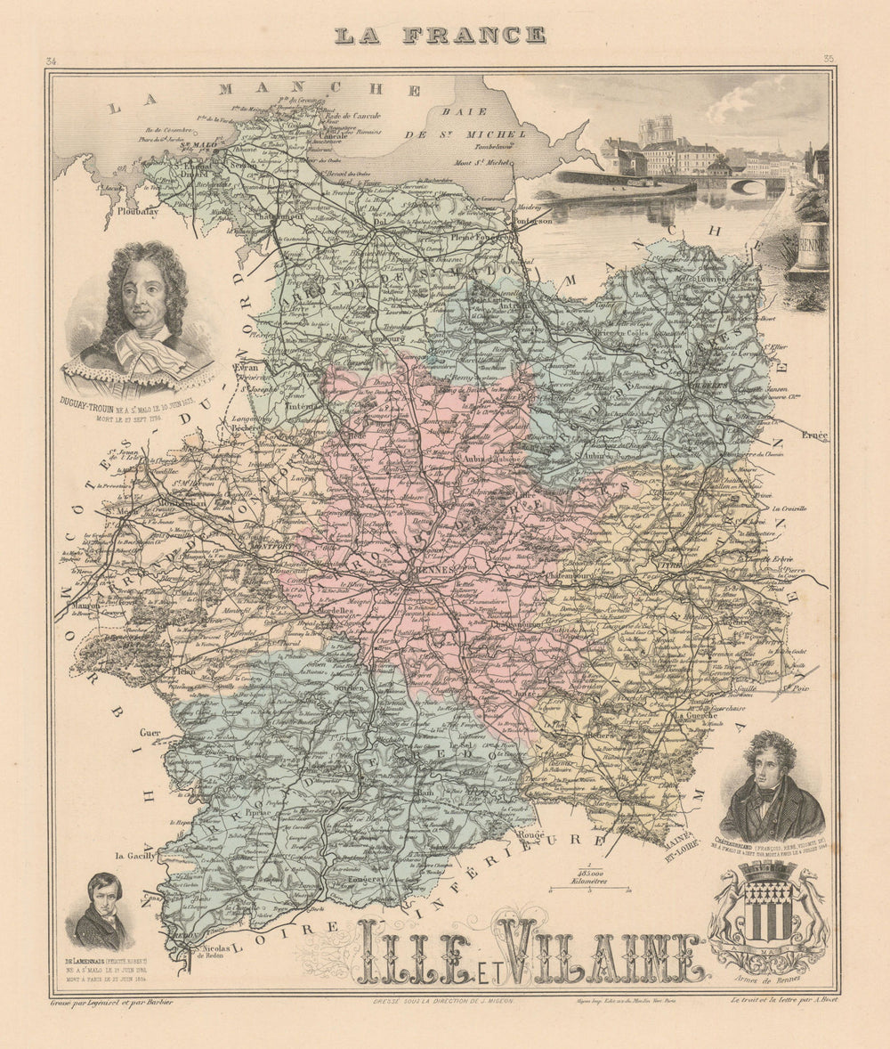 Ille-et-Vilaine département. Rennes vignette. Vuillemin 1890 old antique map