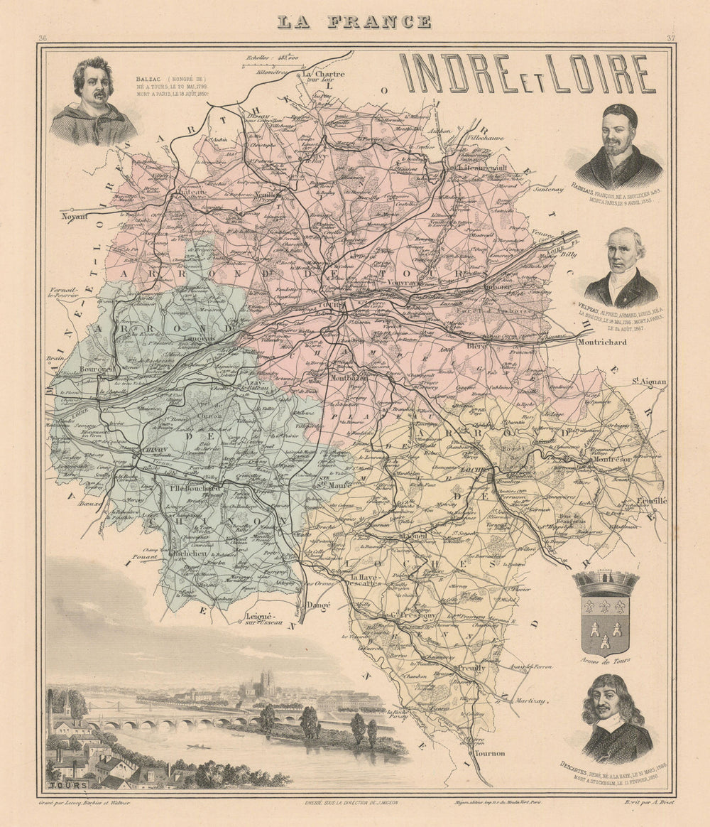 Indre-et-Loire département. Tours vignette. Vuillemin 1890 old antique map