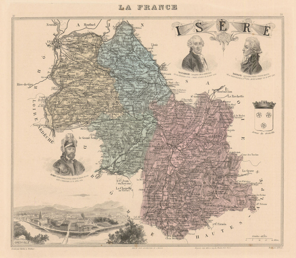 Isère département. Grenoble vignette. Vuillemin 1890 old antique map chart