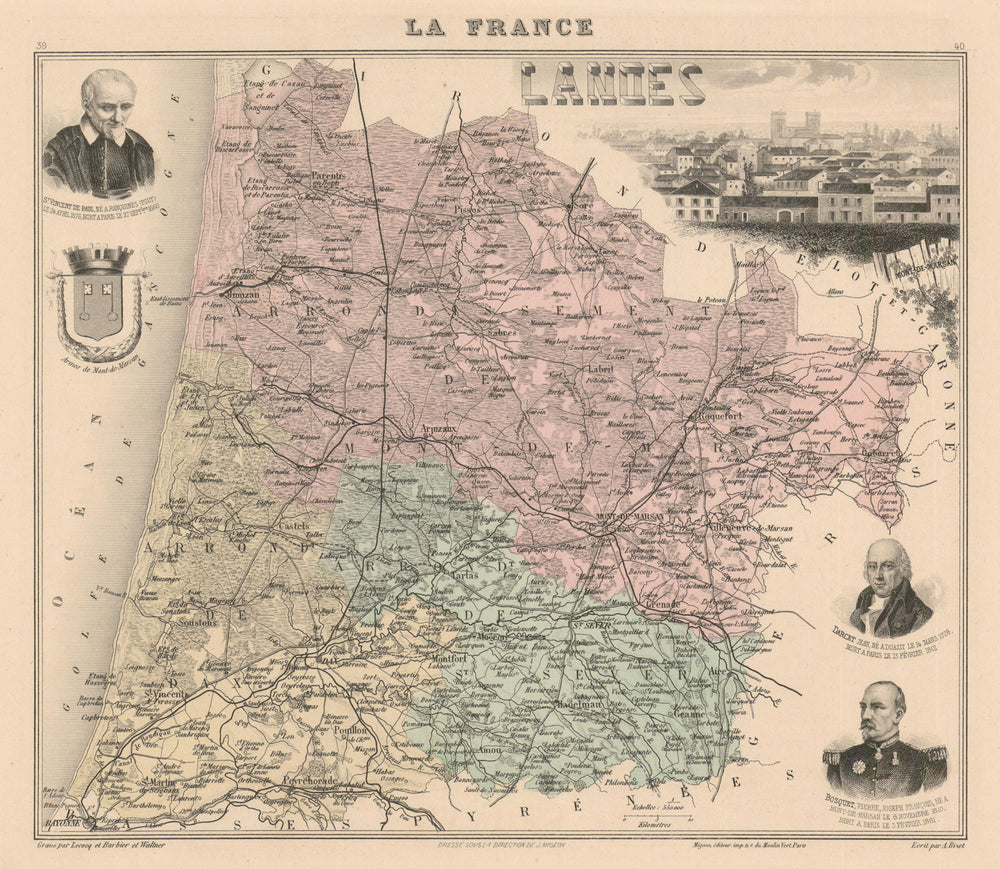 Landes département. Mont-de-Marsan vignette. Vuillemin 1890 old antique map