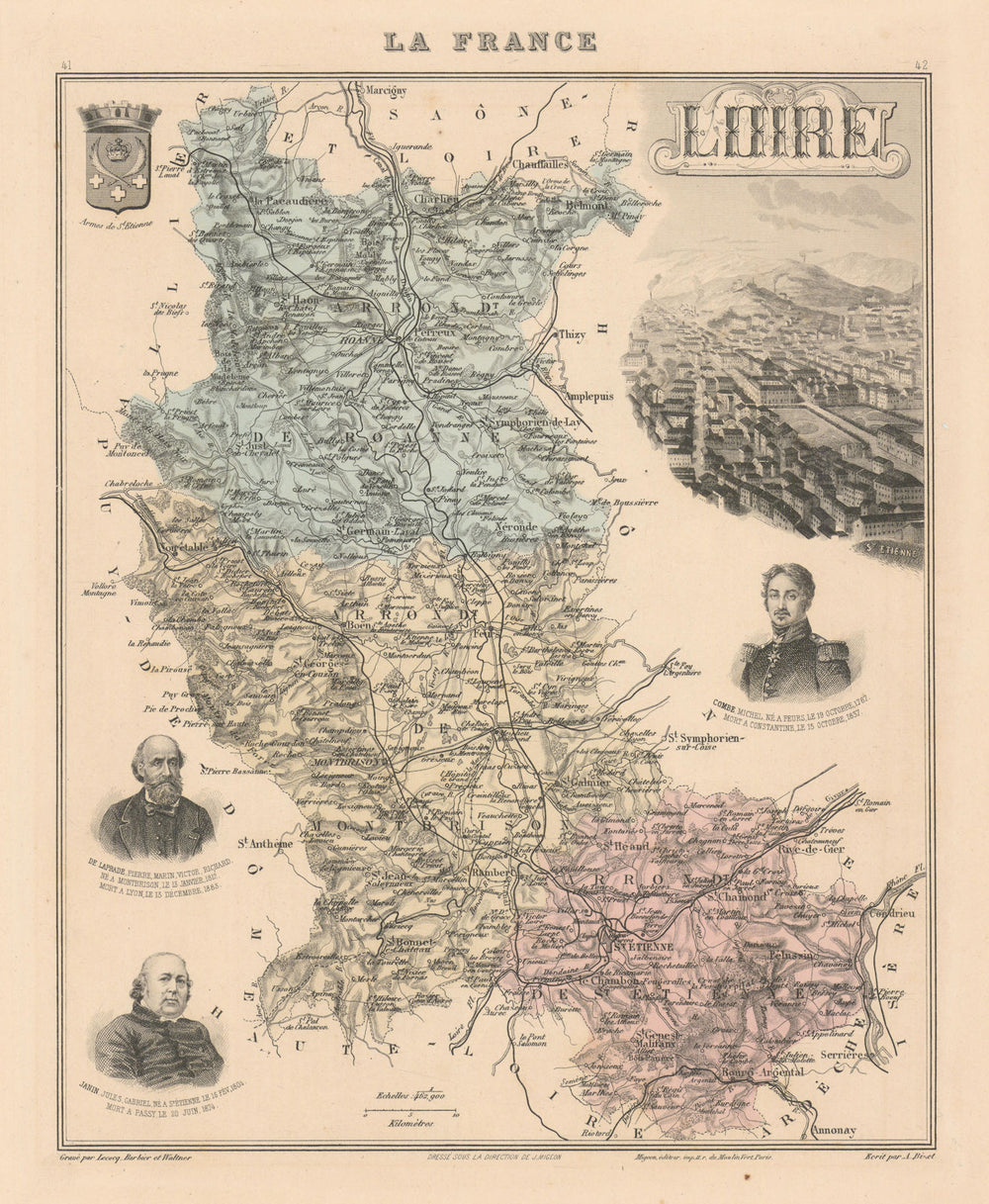 Loire département. Saint-Étienne vignette. Vuillemin 1890 old antique map