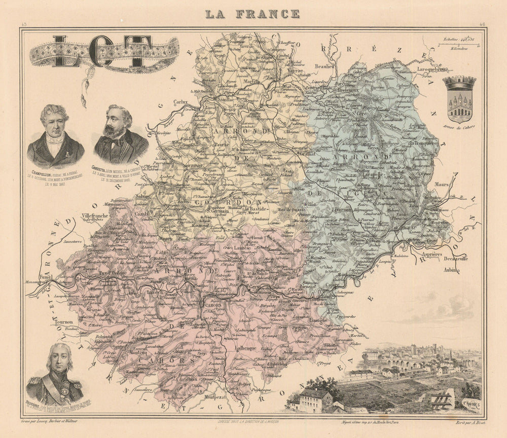 Lot département. Cahors vignette. Vuillemin 1890 old antique map plan chart