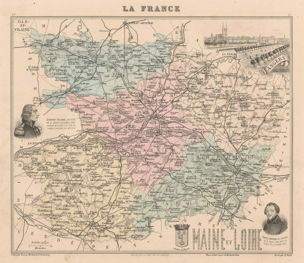 Maine-et-Loire département. Angers vignette. Vuillemin 1890 old antique map