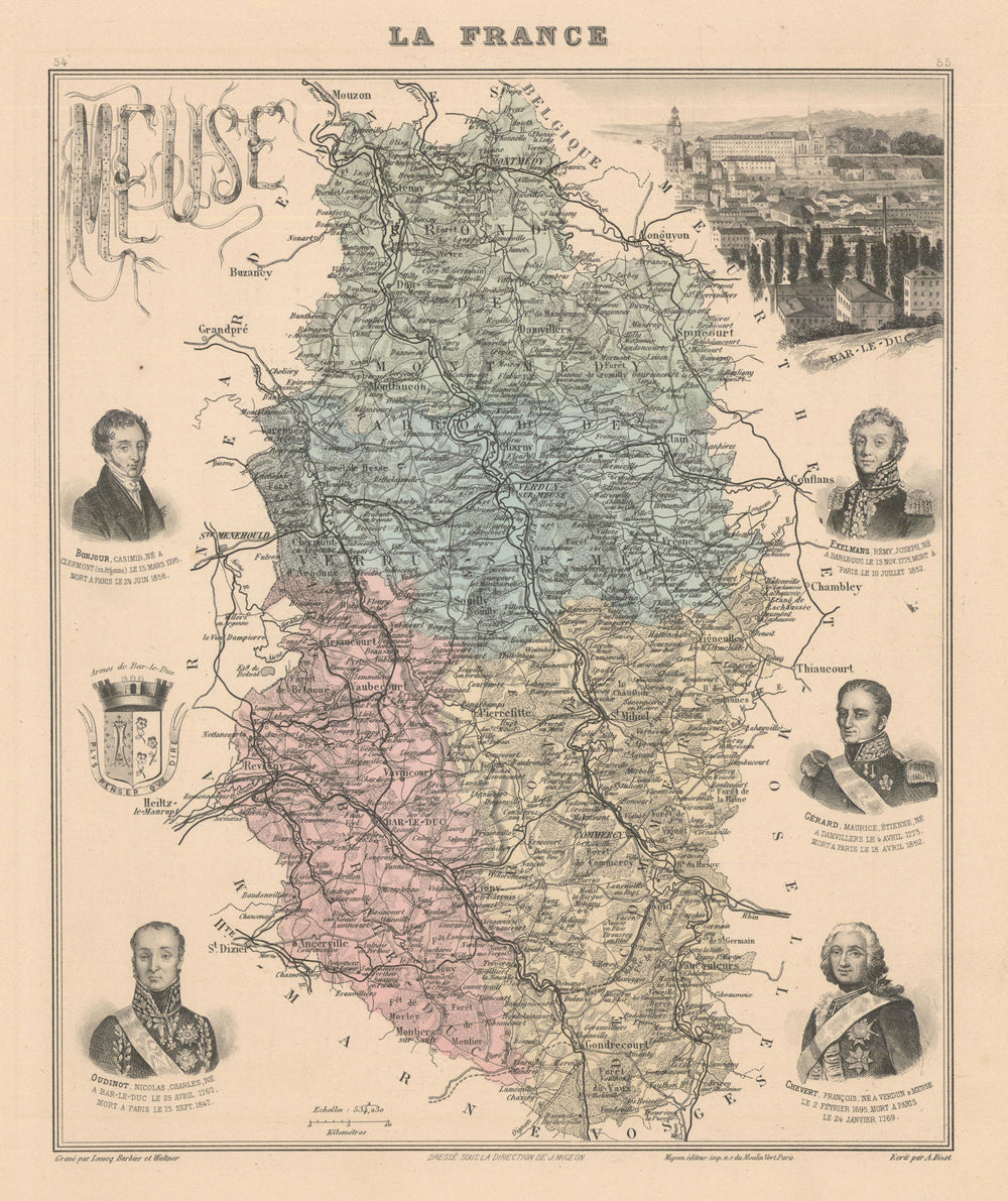 Meuse département. Bar-le-Duc vignette. Vuillemin 1890 old antique map chart