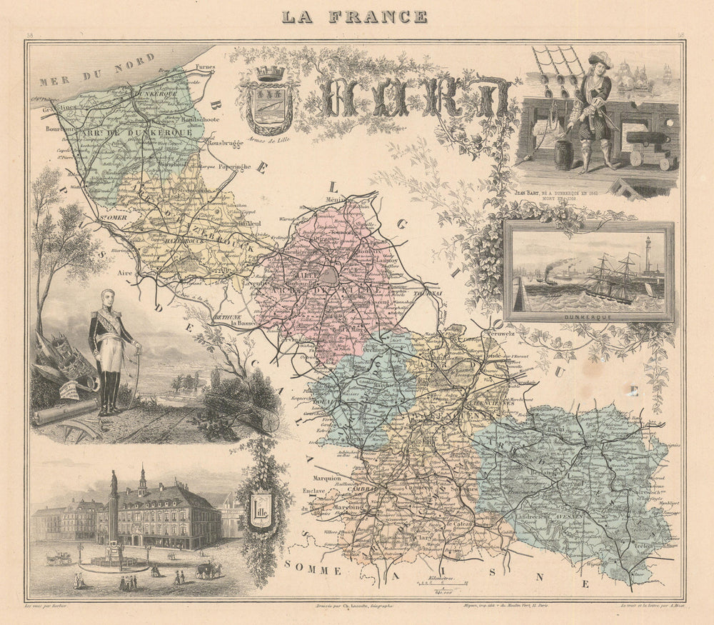 Nord département. Lille Dunkerque vignette. Vuillemin 1890 old antique map
