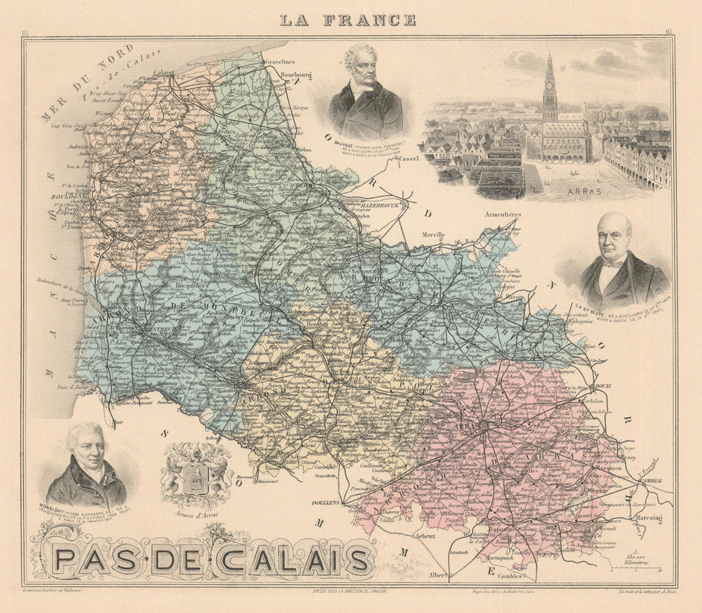 Pas-de-Calais département. Arras vignette. Vuillemin 1890 old antique map