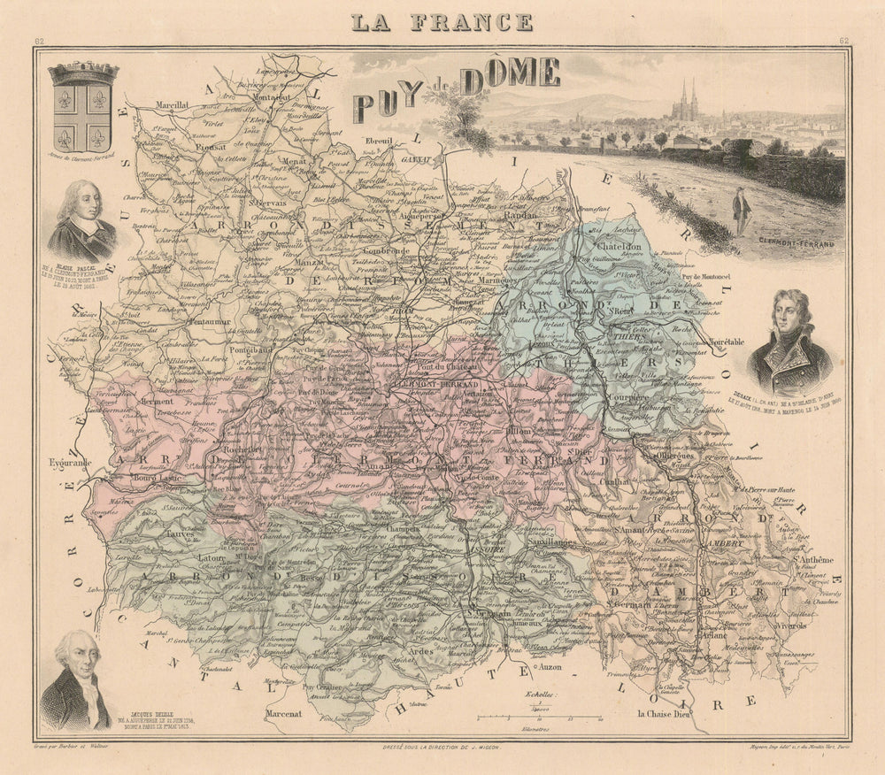 Puy-de-Dôme département. Clermont-Ferrand. Vuillemin 1890 old antique map