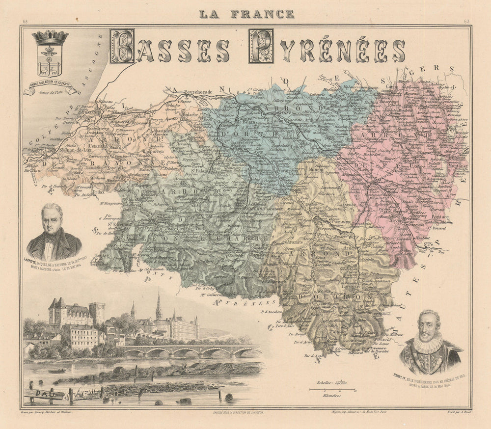 Pyrénées-Atlantiques / Basses-Pyrénées département. Pau. Vuillemin 1890 map