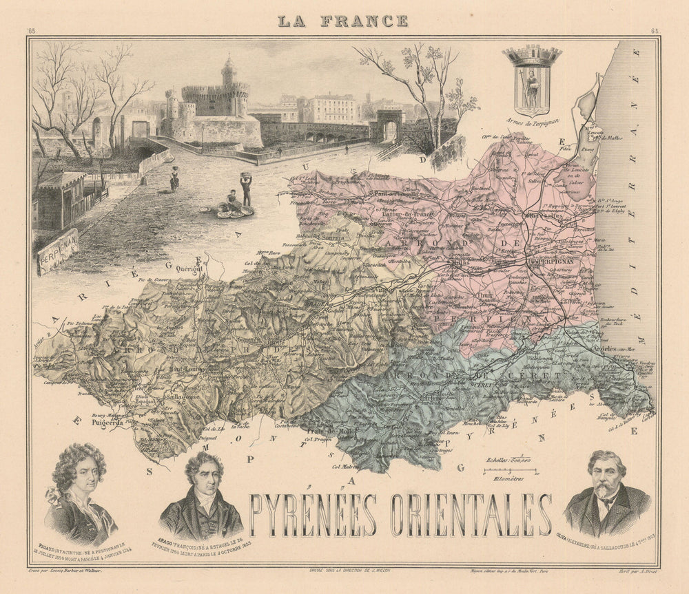 Pyrénées-Orientales département. Perpignan. Vuillemin 1890 old antique map
