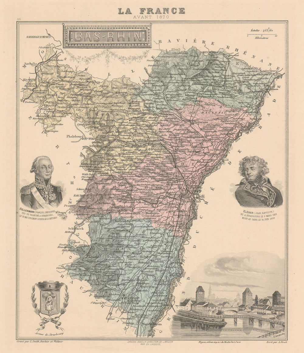 Bas-Rhin département. Strasbourg vignette. Vuillemin 1890 old antique map