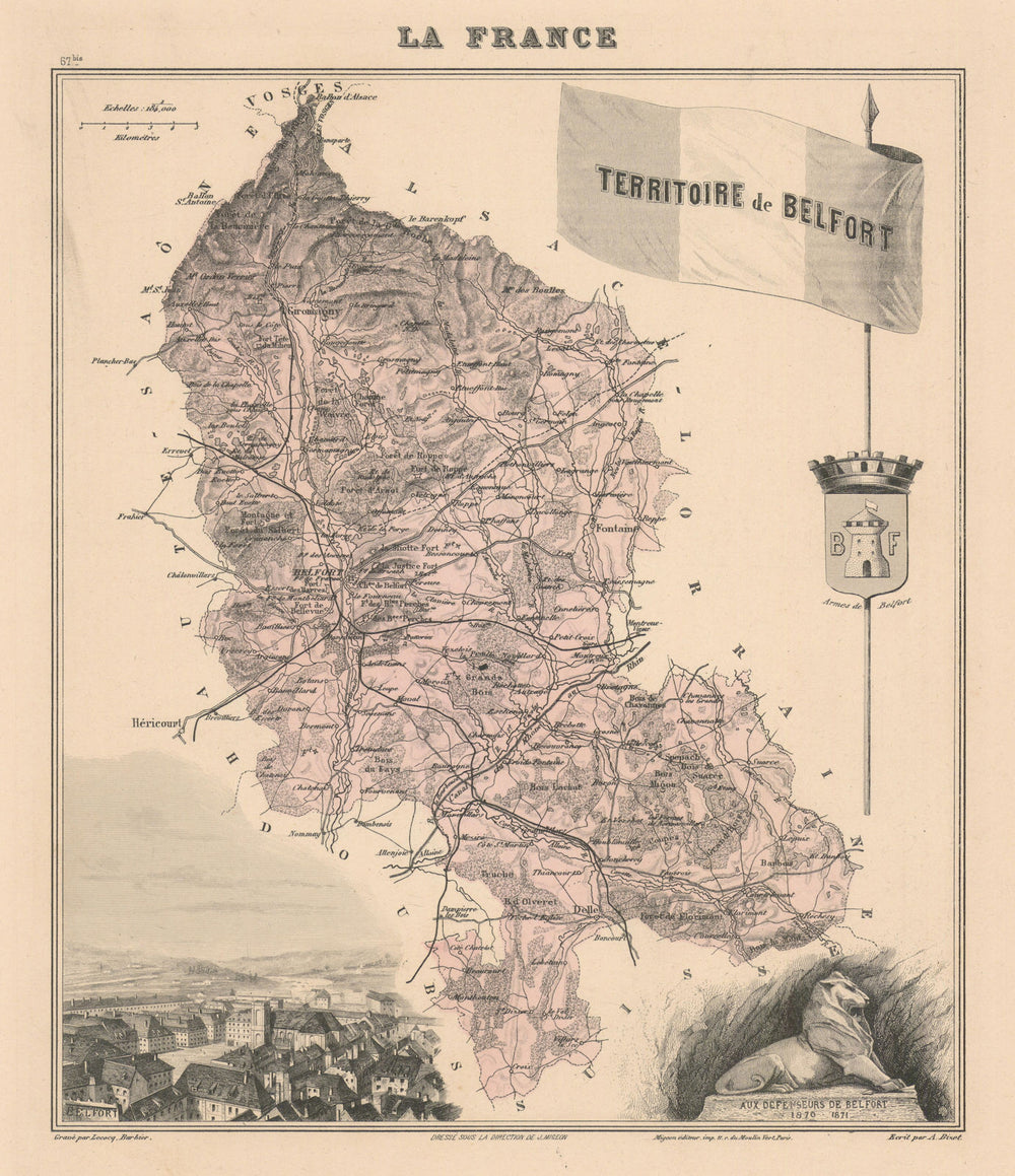 Territoire de Belfort département. Belfort vignette. Vuillemin 1890 old map