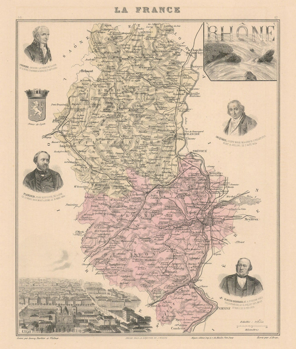 Rhône département. Lyon vignette. Vuillemin 1890 old antique map plan chart