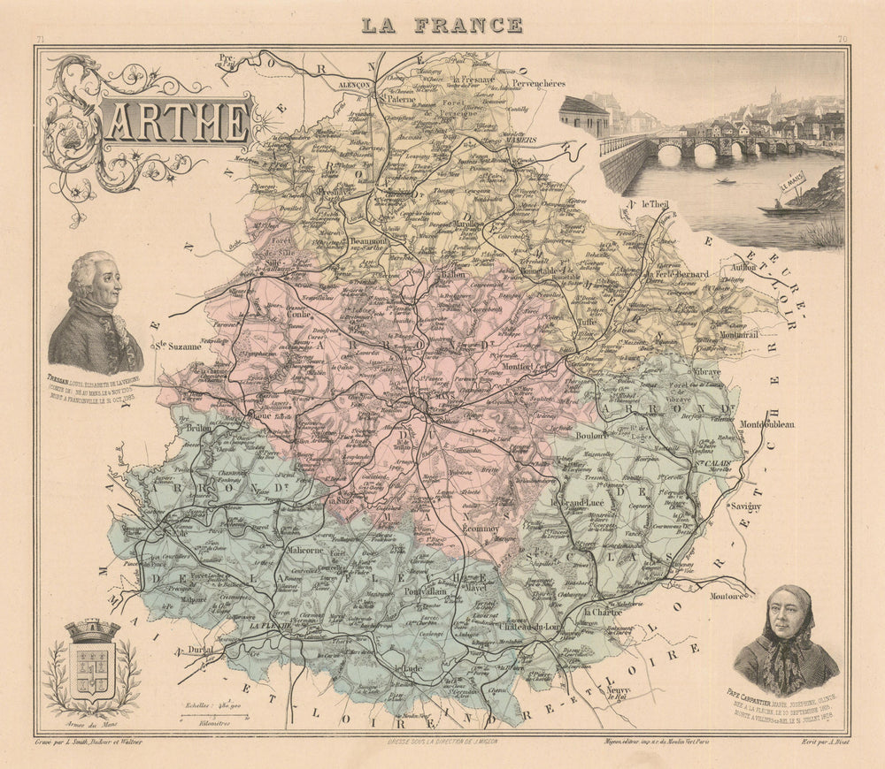 Sarthe département. Le Mans vignette. Vuillemin 1890 old antique map chart