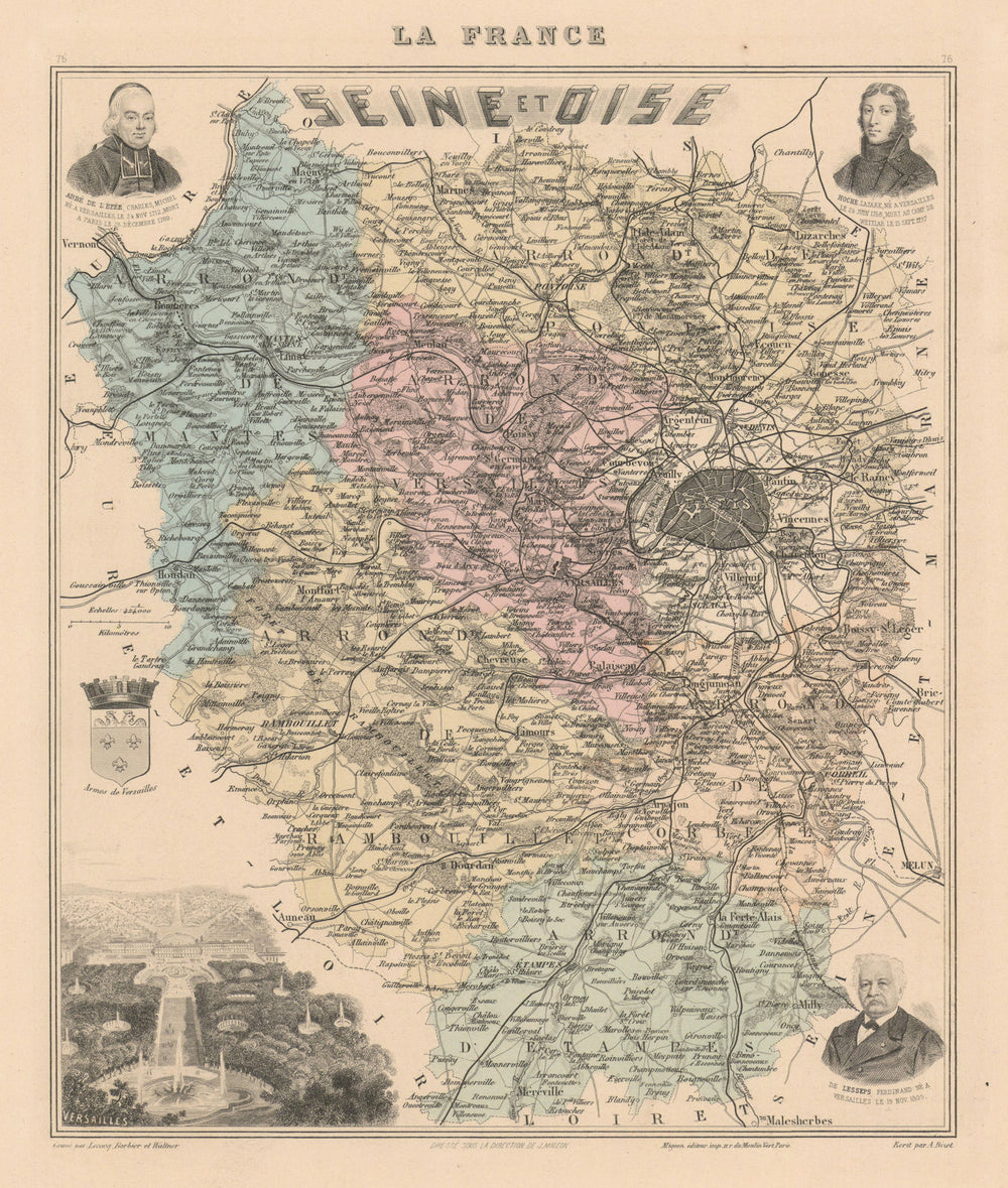 Seine-et-Oise département. Versailles vignette. Vuillemin 1890 old antique map