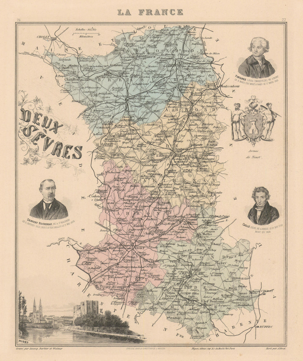 Deux-Sèvres département. Niort vignette. Vuillemin 1890 old antique map chart
