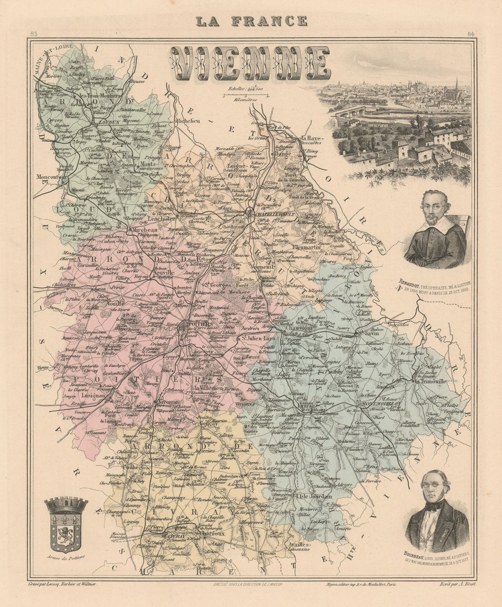 Vienne département. Poitiers vignette. Vuillemin 1890 old antique map chart