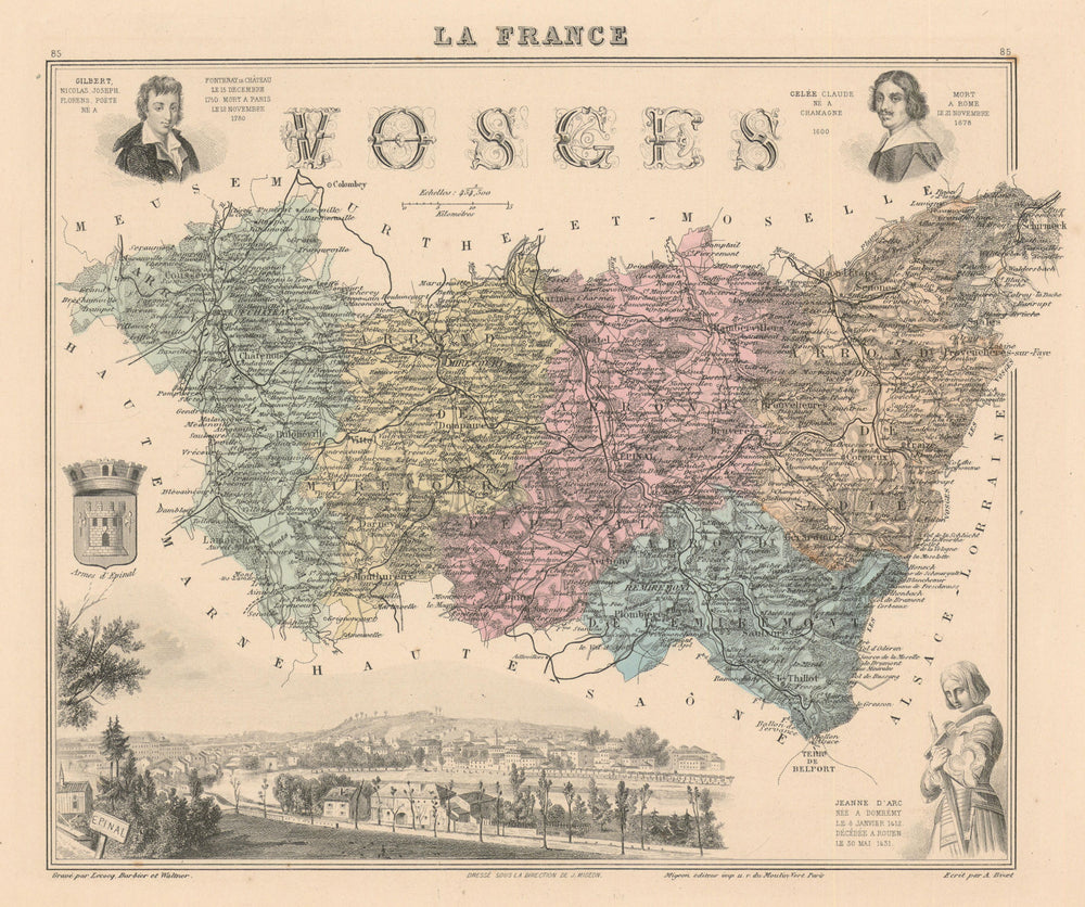Vosges département. Épinal vignette. Vuillemin 1890 old antique map plan chart