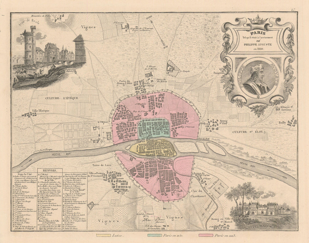 Paris on the accession of Philippe Auguste en 1180. Vuillemin 1890 old map