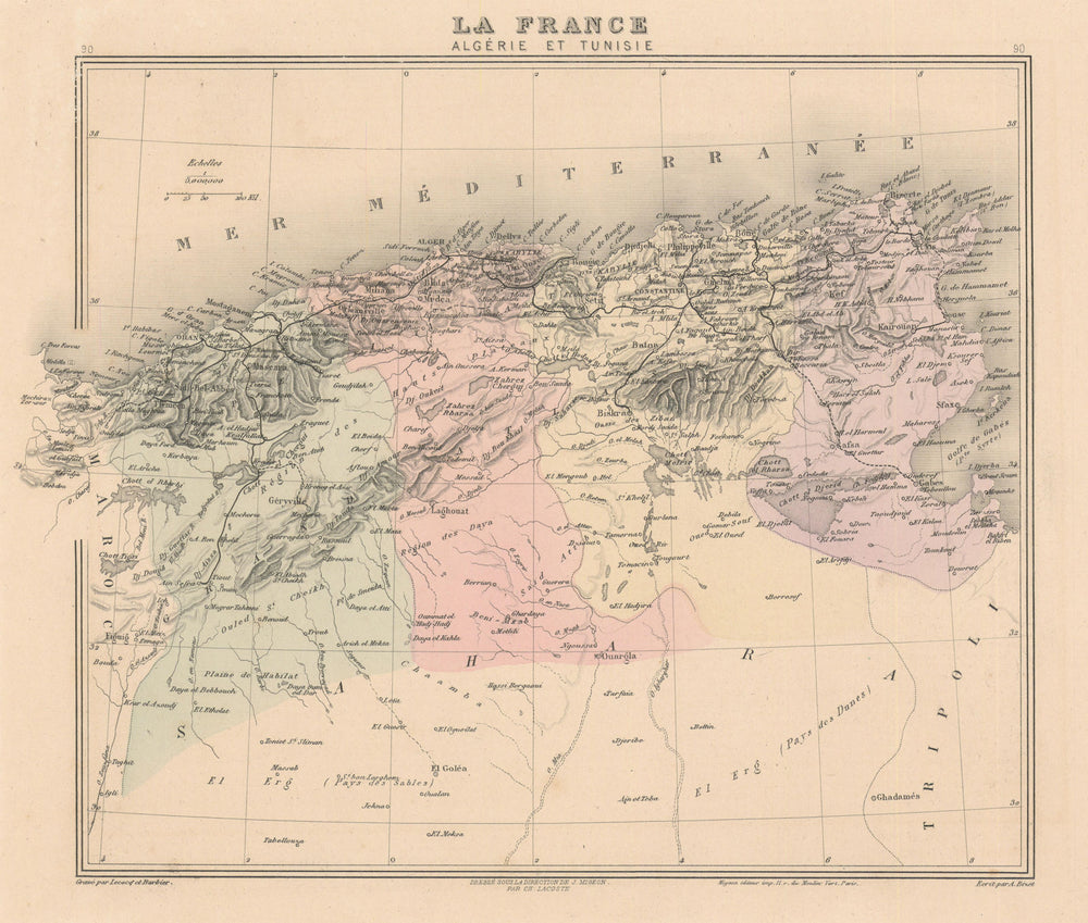 Algérie et Tunisie. Algeria & Tunisia. Vuillemin 1890 old antique map chart