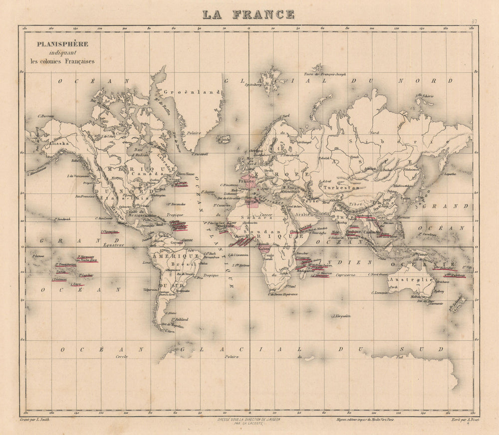 Planisphère indiquant les colonies Françaises. World + French colonies 1890 map