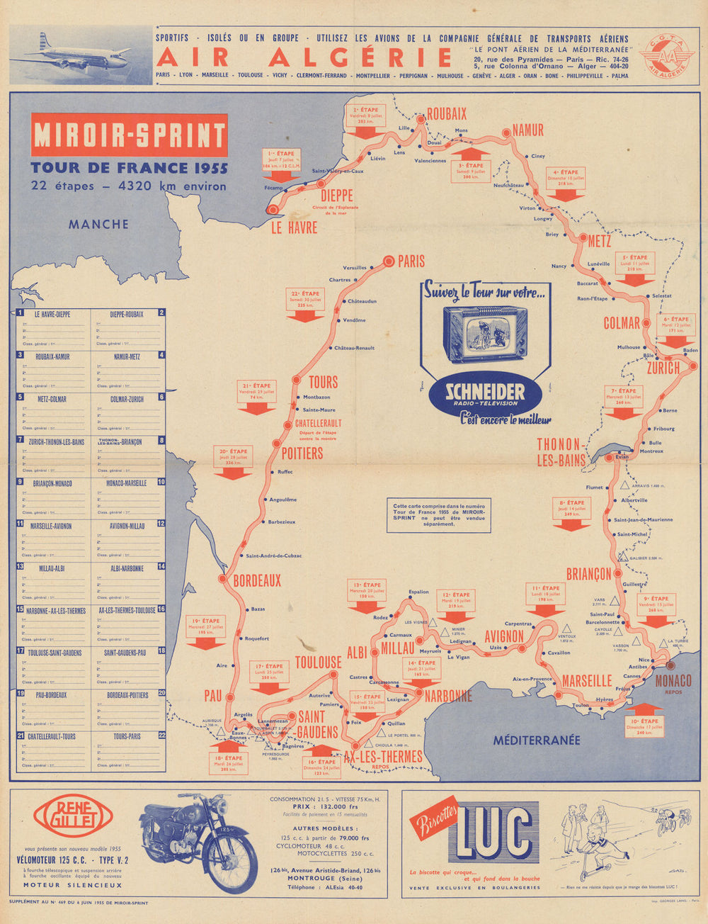 L'Itinéraire du Tour de France - Miroir-Sprint. Cycling route map 1955 old