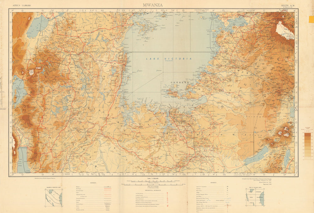 Mwanza Safari map. Serengeti Masai Mara Ngorogoro. Tanzania Kenya Rwanda 1953