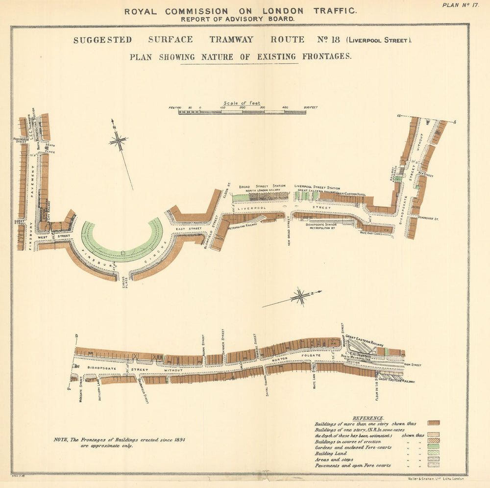 Moorgate - Finsbury Circus - Liverpool St. - Bishopsgate - Shoreditch 1905 map
