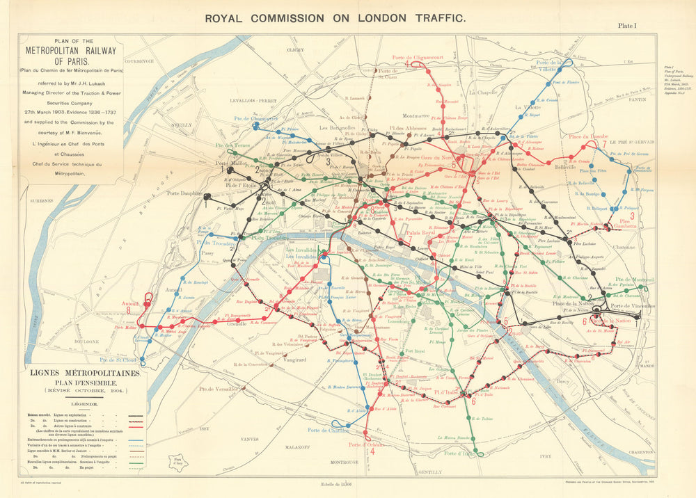Lignes Métropolitaines Plan d'Ensemble. Paris Metro underground map 1906