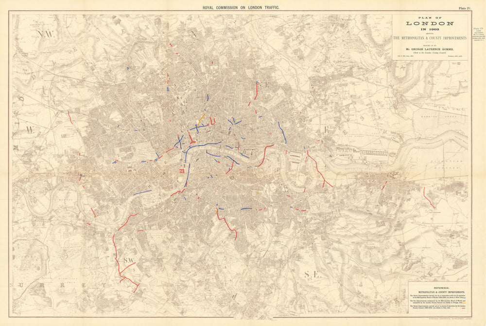 Plan of London in 1903 showing 1855-1904 street/road improvements 1906 old map