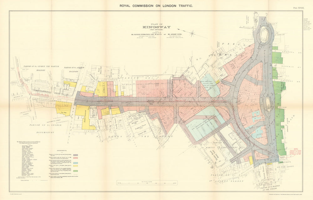 Plan of Kingsway & Aldwych under construction. Traffic Royal Commission 1906 map