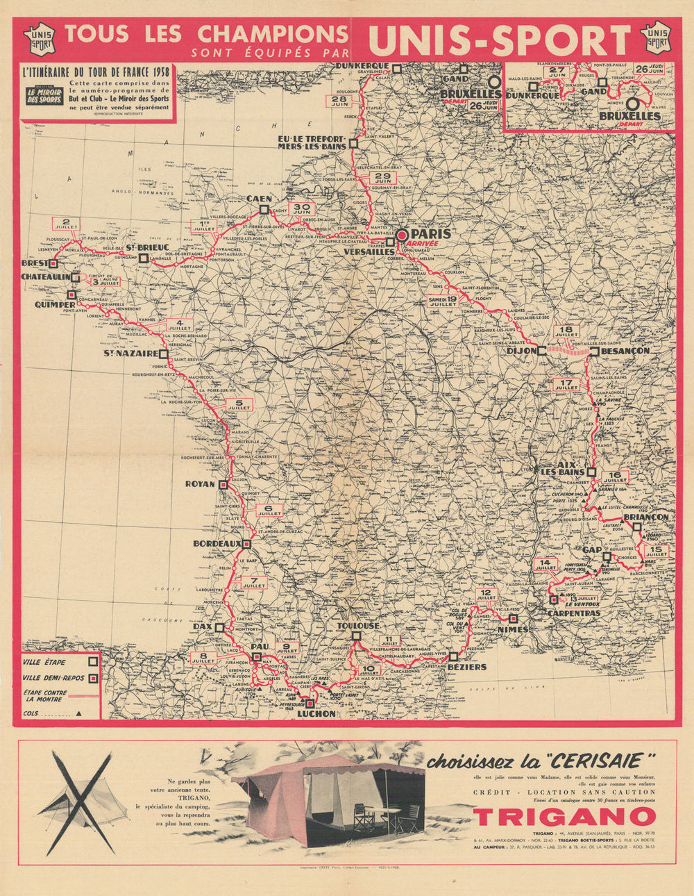 L'Itinéraire du Tour de France - Le Miroir des Sports. Cycling route map 1958