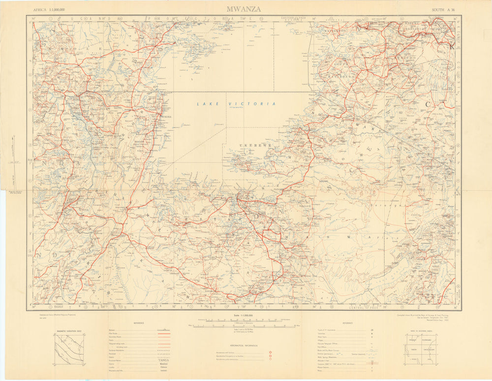 Mwanza Safari map. Serengeti Masai Mara Ngorogoro. Tanzania Kenya Rwanda 1955