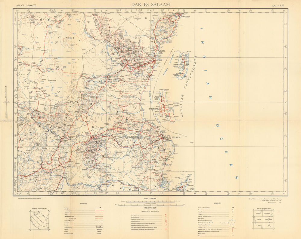 Dar es Salaam Safari map. Zanzibar Mafia Pemba Island Mikumi. Tanzania 1951