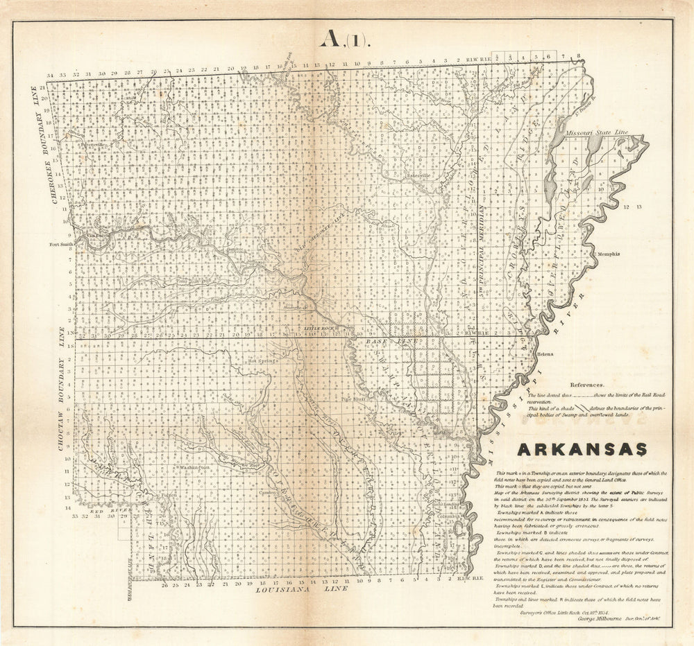 Sketch of the Public Surveys in Arkansas. US Topographical Bureau 1854 old map