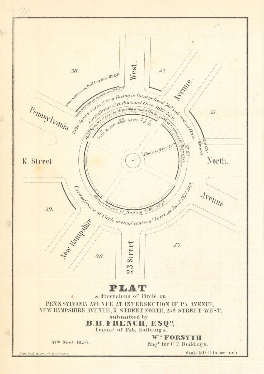 Plat & dimensions of Washington Circle on Pennsylvania Avenue 1854 old map